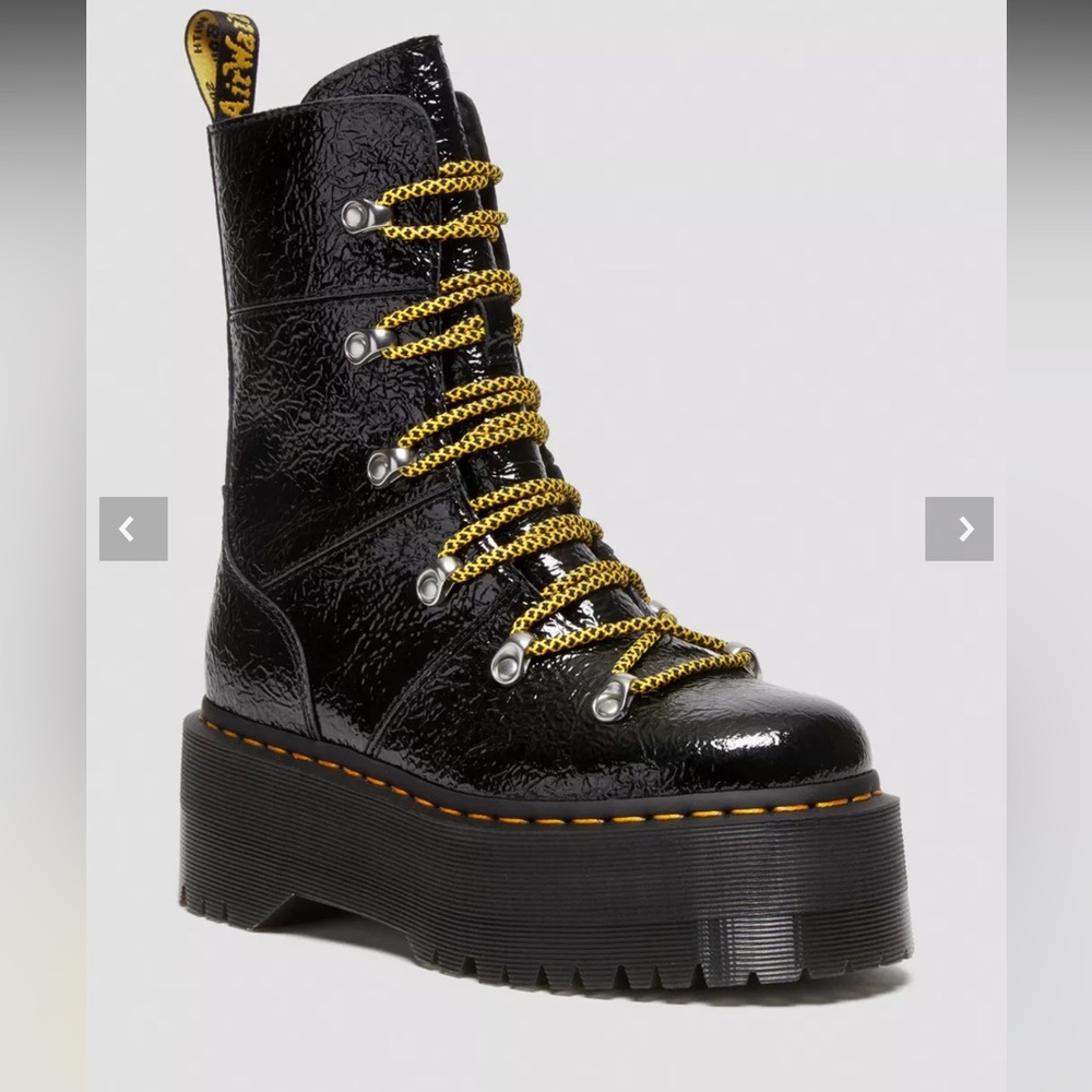 Dr. Martens Ghilana Max Distressed Patent Leather Platform Boots